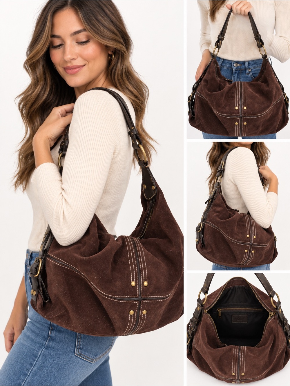 Tignanello Vintage Chocolate Brown Suede Hobo Shoulder Bag